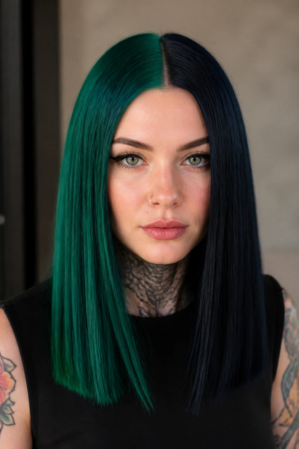 Close-up showing emerald and blue-black split-dye hair on a real person with blunt long cut.