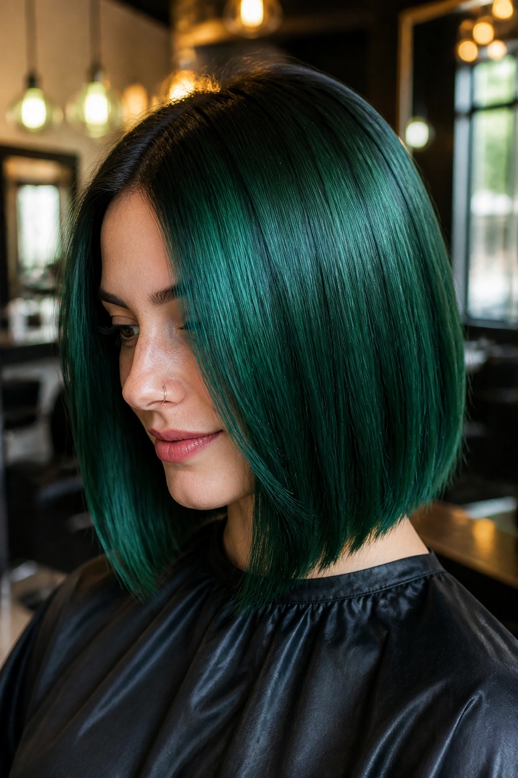 Close-up of a real woman with a blunt shoulder-length bob in velvet emerald hair, salon lighting.