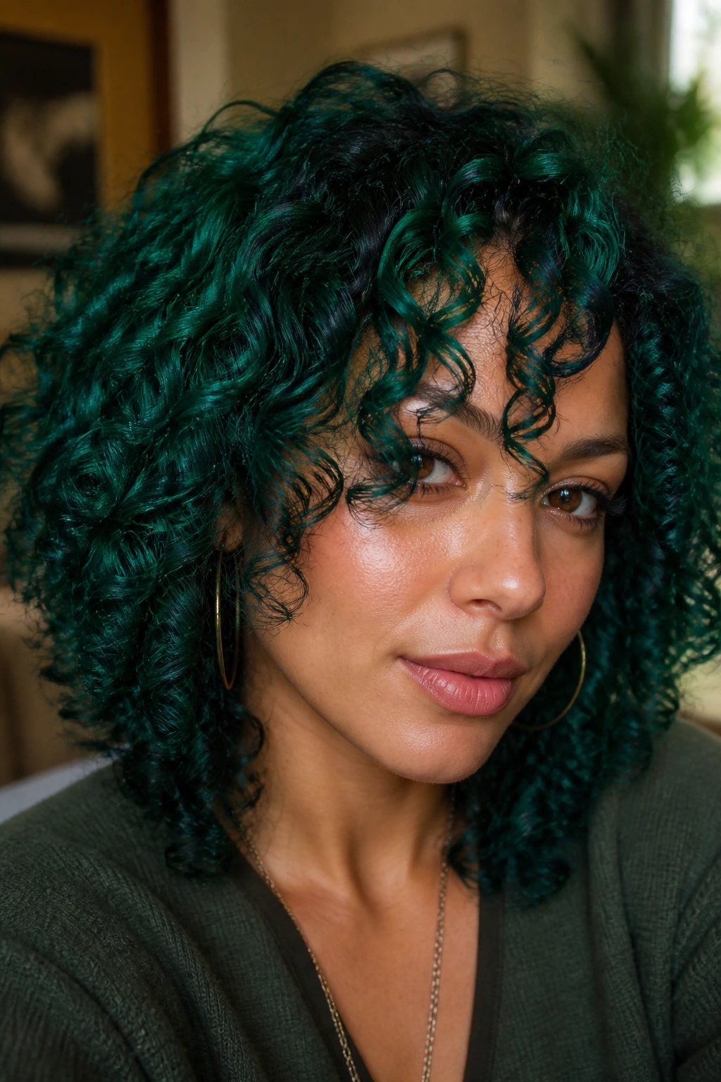 Close-up portrait of a real woman with satin emerald hair on natural curls, rich texture and shine
