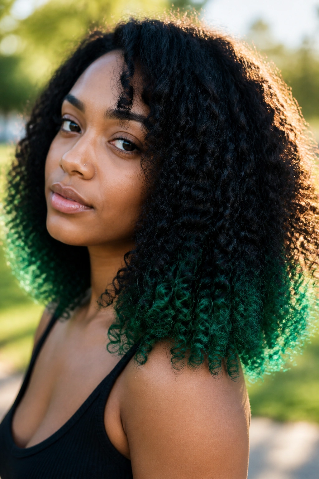 Close-up of a person with emerald ends hair color on dark base