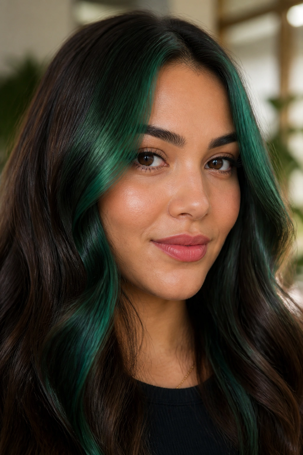 Close-up brunette with deep emerald face-framing strips around cheekbones