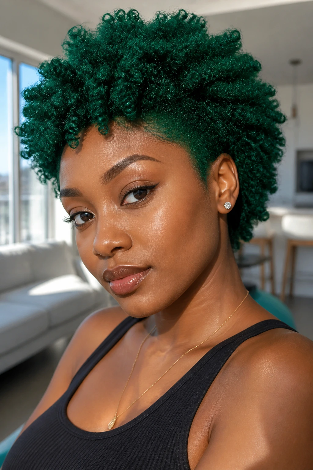 Close-up portrait of a person with saturated emerald green hair in daylight.