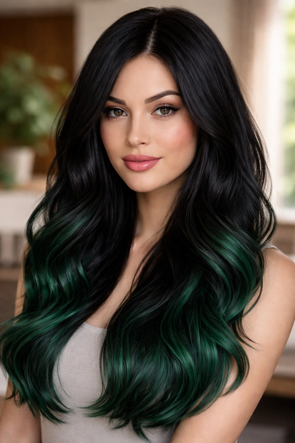 Close-up portrait of a real person with black-to-emerald-green ombre hair.