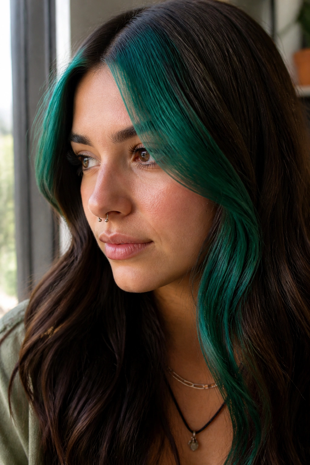 Close-up portrait of a real person with emerald green stripe in brown hair, glossy and dimensional