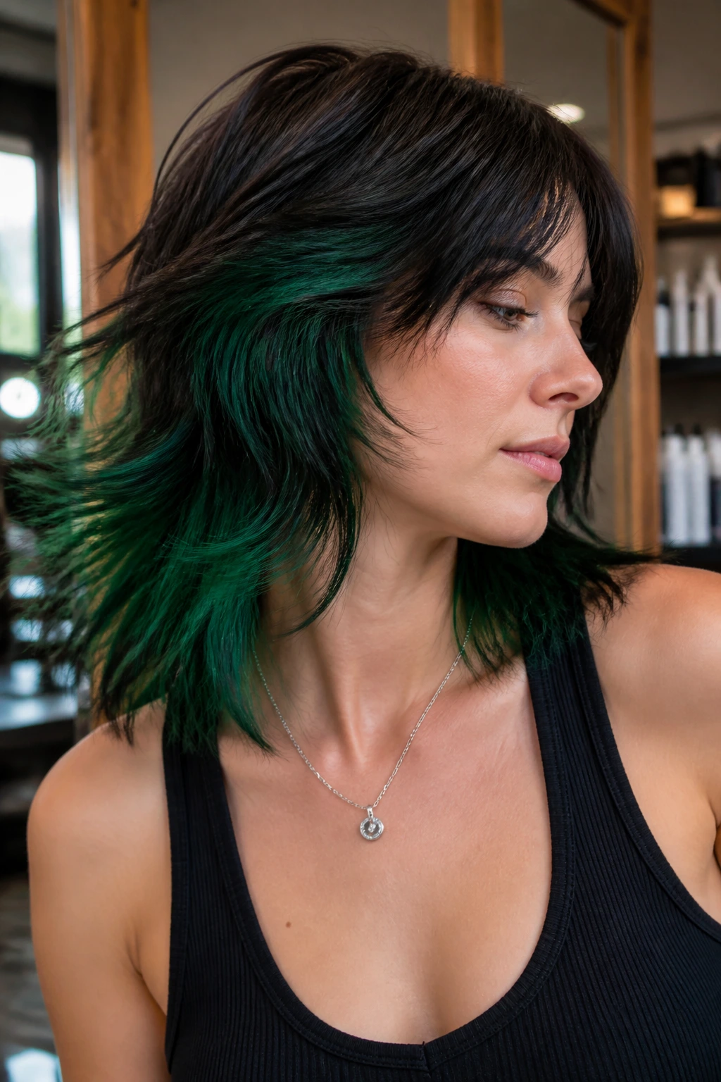 Close-up of a real person showing emerald underlights peeking through layered shag in a salon.