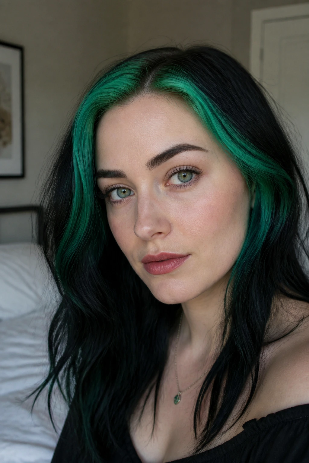 Close-up of emerald halo highlights at the hairline framing the face