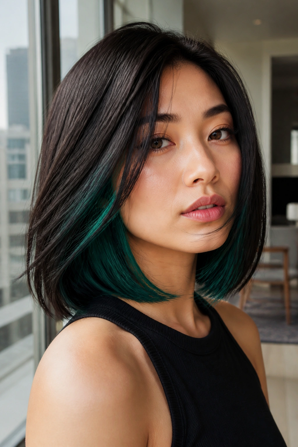 Close-up portrait of a real woman with a sleek straight lob and emerald interior peeking through