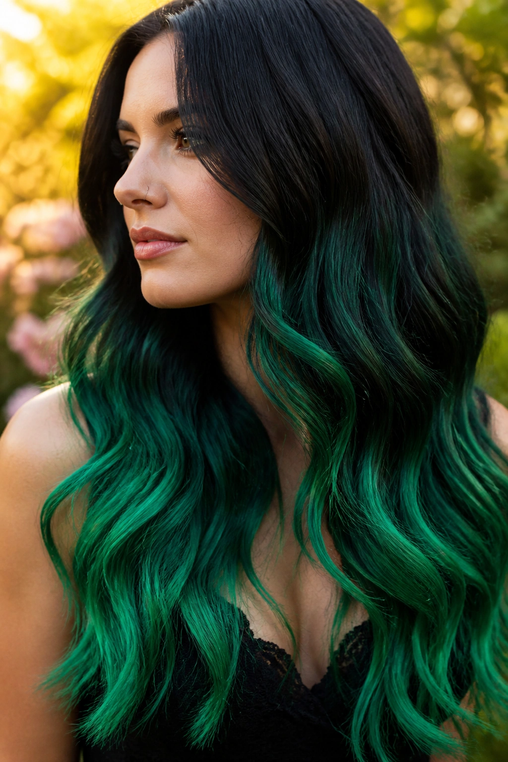 Close-up of a real person with emerald ombré on long waves in natural sunlight.