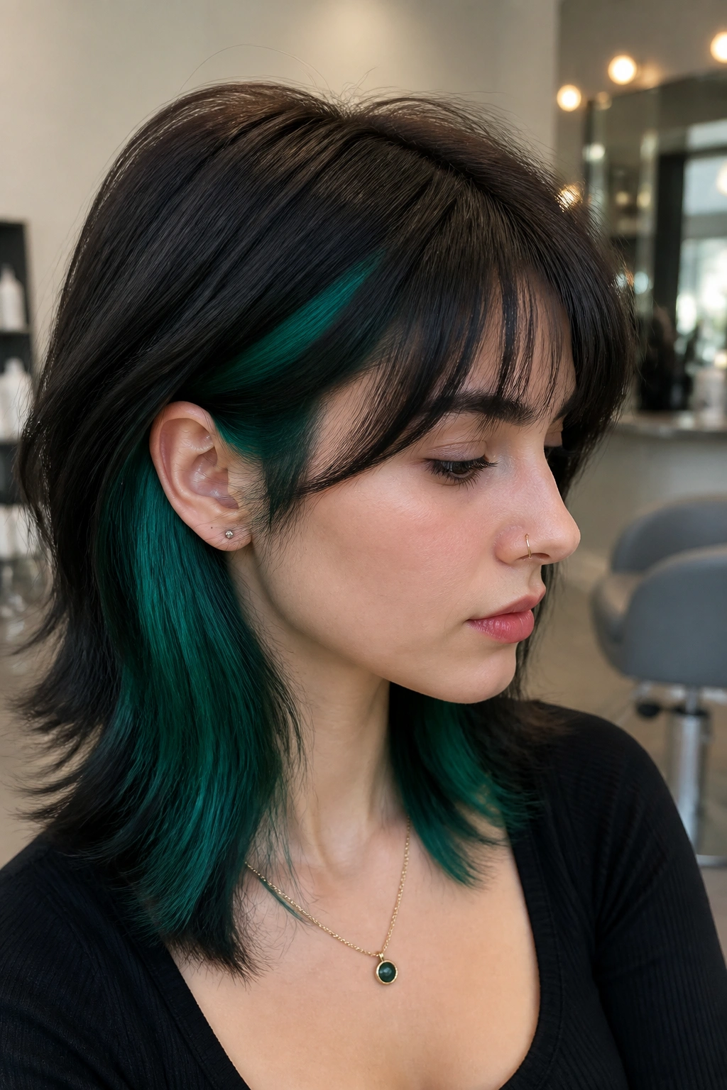 Portrait of a real person with emerald green peekaboo panels under the top layer