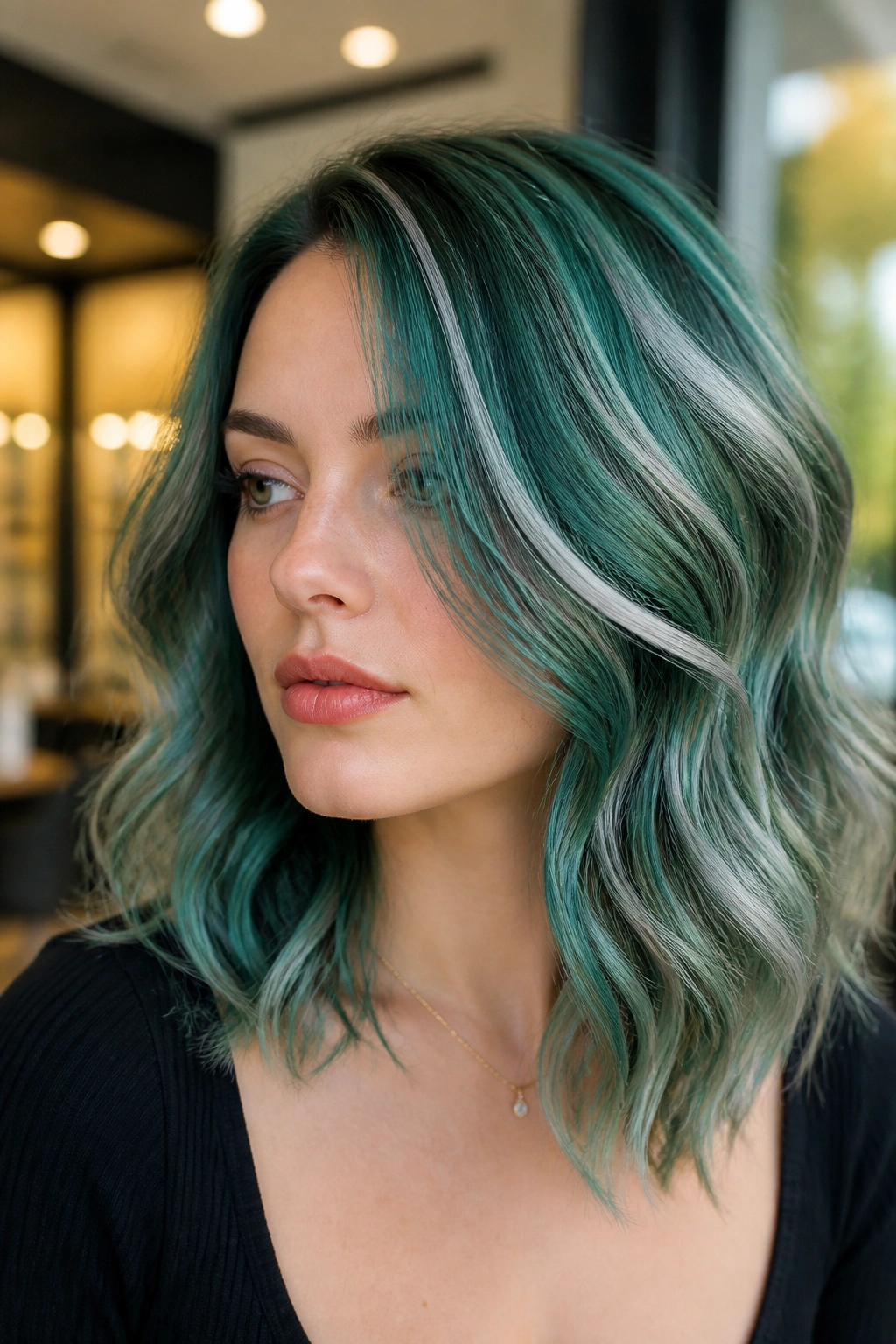 Portrait of a person with emerald and silver ribbons in hair
