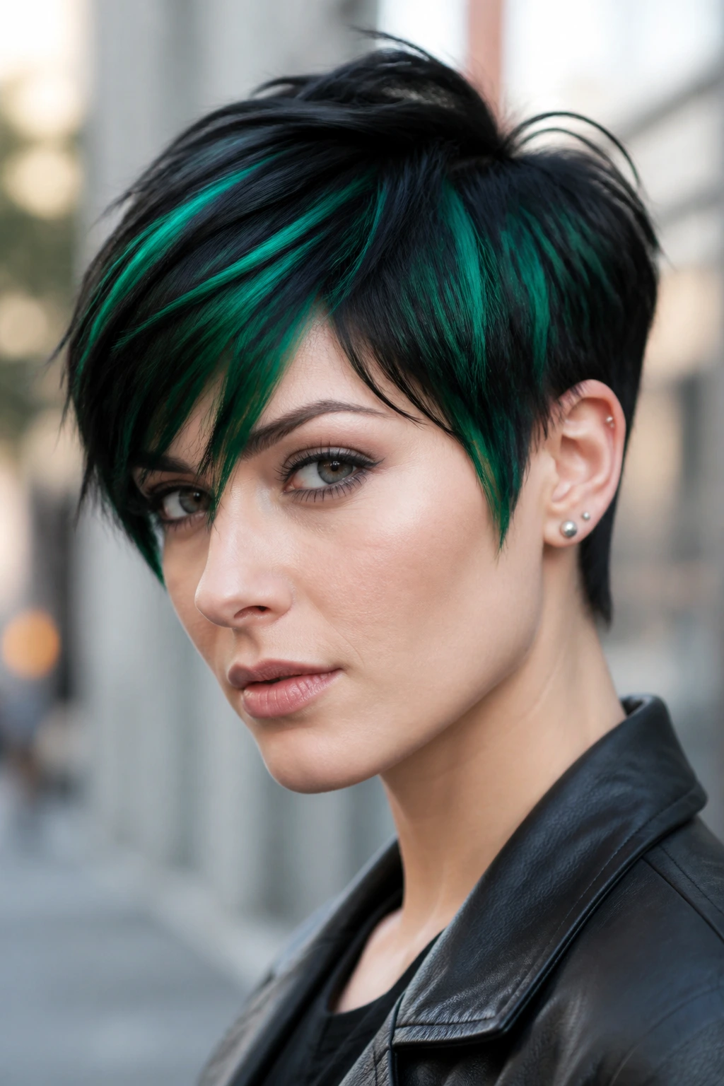 Close-up of a real person with emerald streaks on a pixie cut.