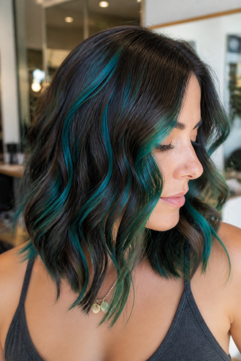 Close-up of brunette with emerald-teal ribbon highlights in hair