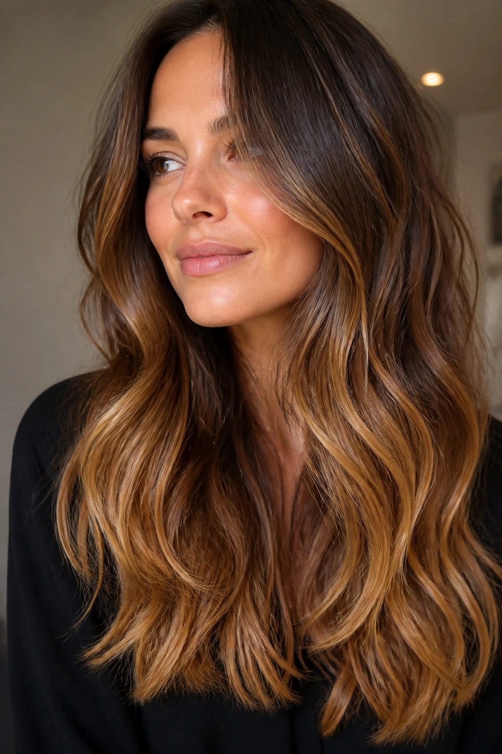 End-focused honey caramel glow on the ends of long brown hair
