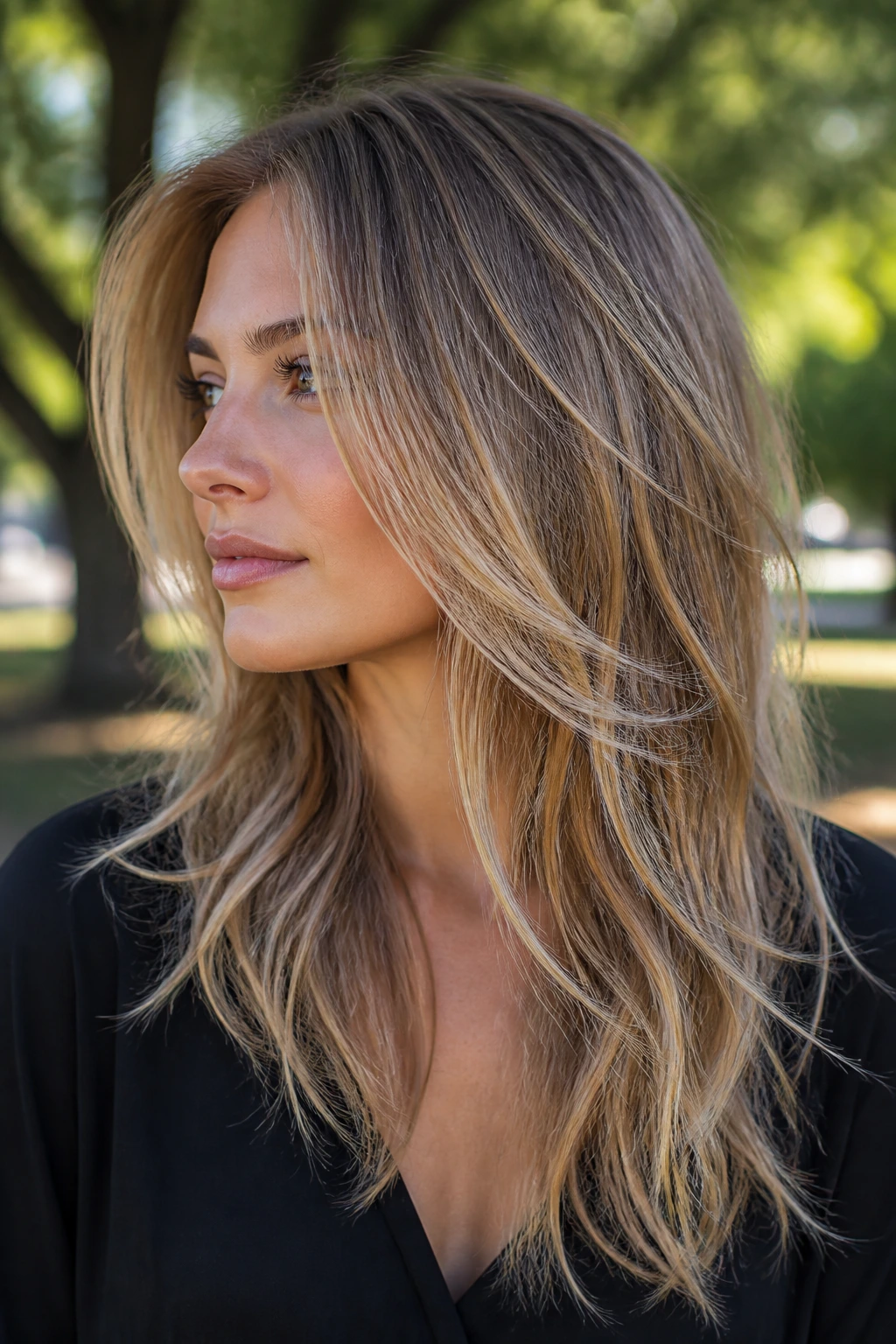 Close-up portrait of a real woman with ends-only texture cut, long hair with textured ends