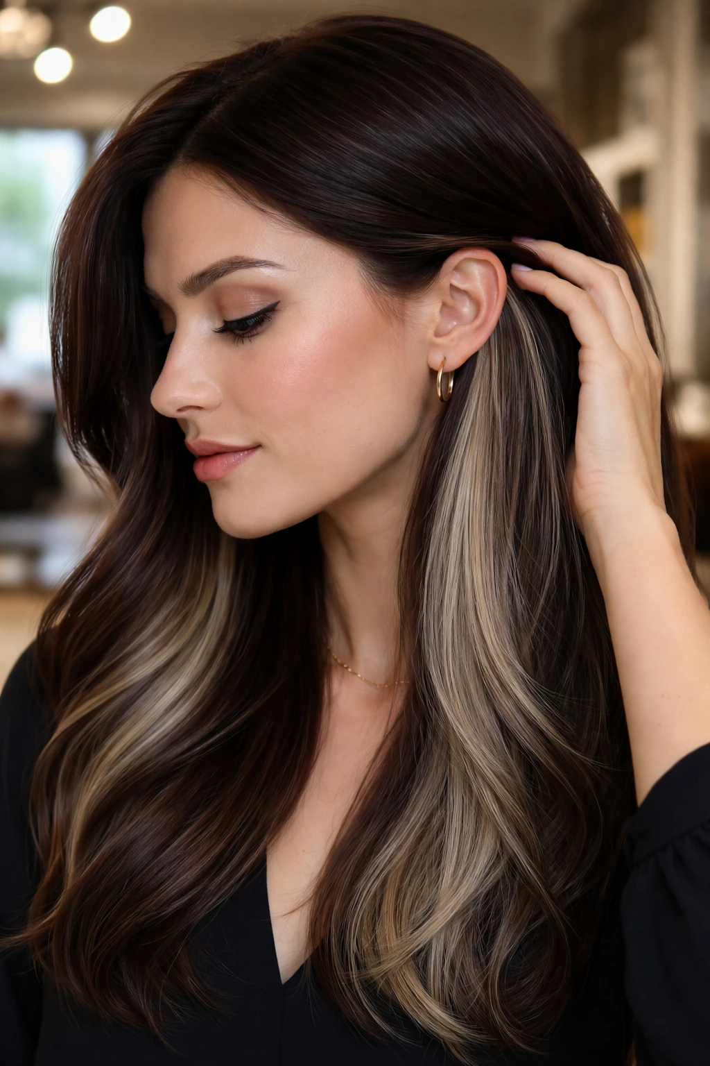 Close-up of real woman with espresso hair and ash blonde peekaboo panels