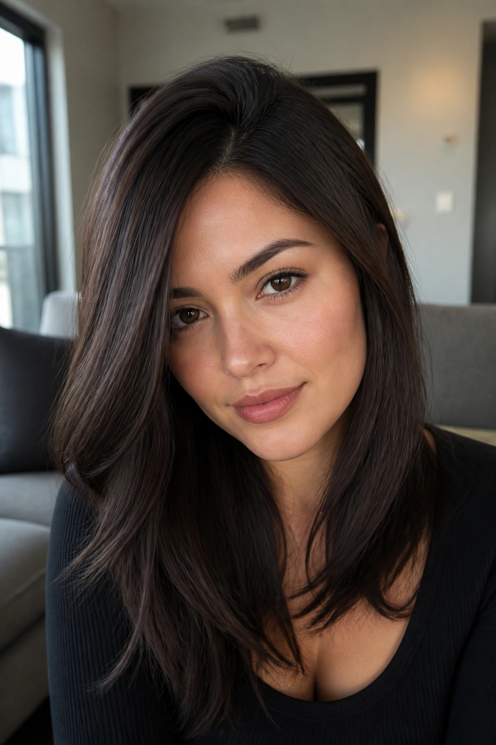 Close-up portrait of a woman with deep espresso ash brown hair