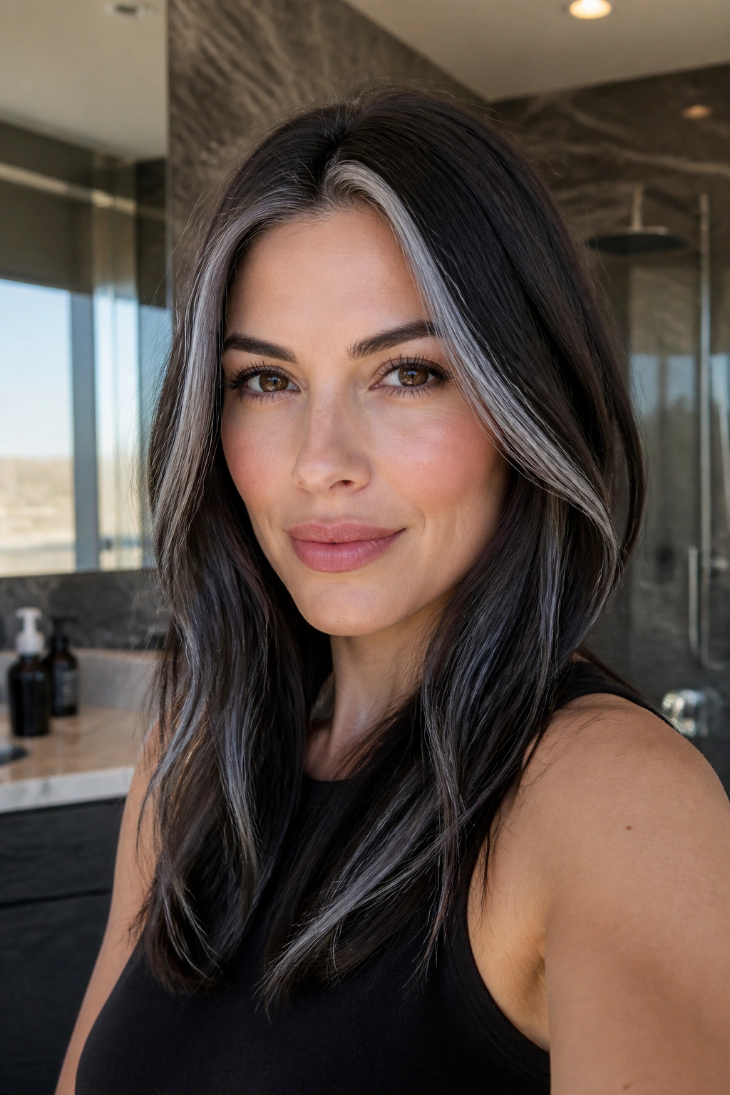 Espresso-brown hair with ash-silver panels near the crown