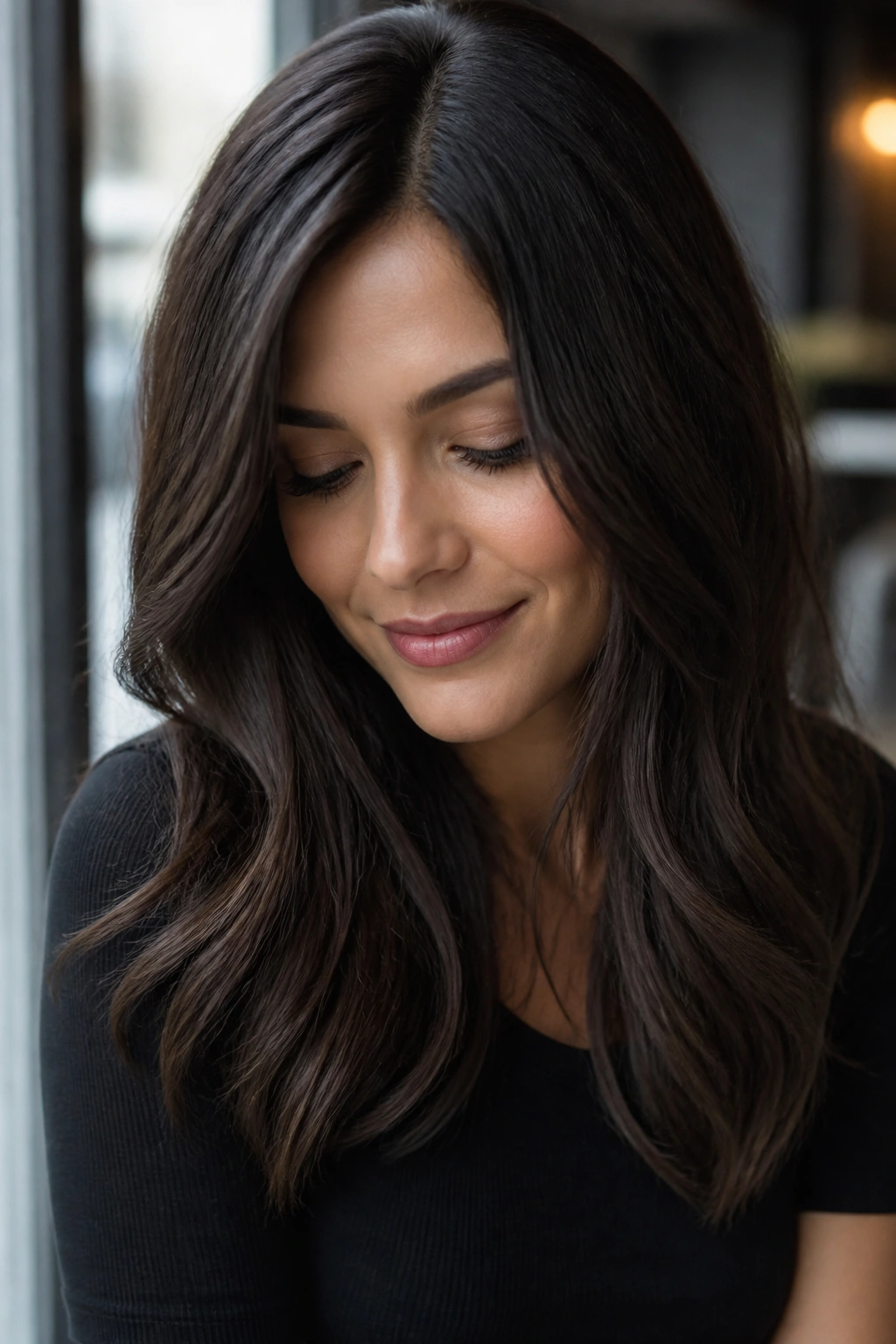 Close-up portrait of a real person with True Espresso hair featuring soft ash undertones, cool-toned lighting