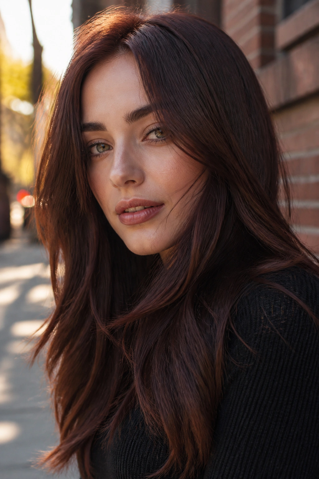 Close-up of a woman with espresso auburn hair on a city street at golden hour