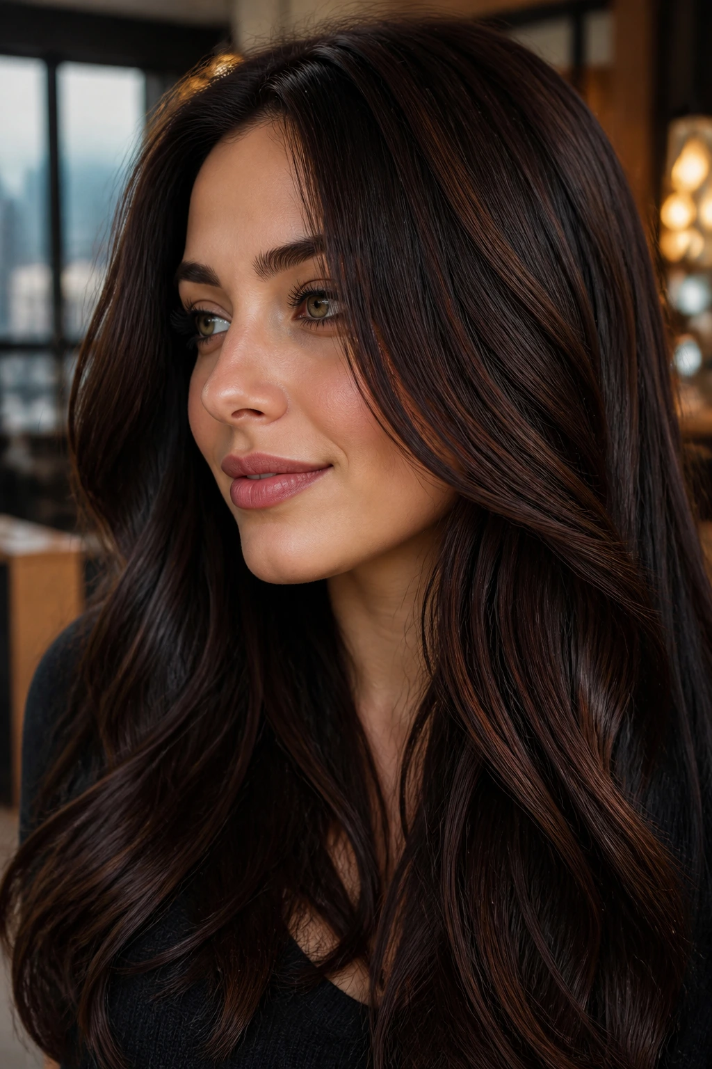 Close-up of dark espresso hair with auburn lowlights on a real person