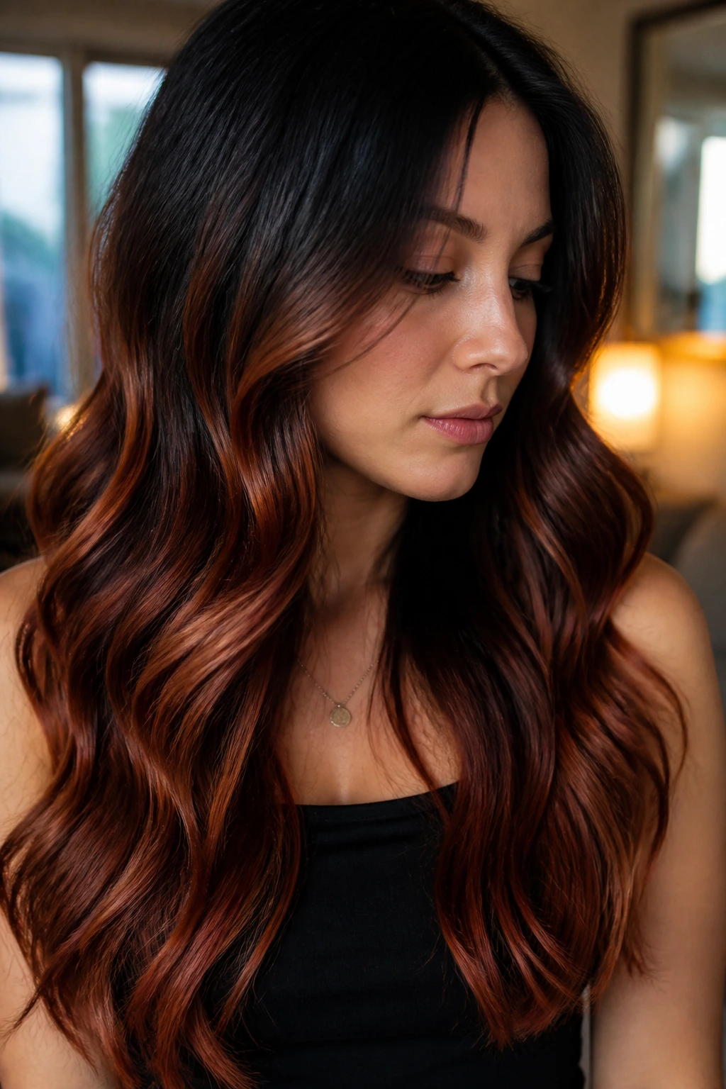 Real person with espresso to auburn ombre on long hair in warm indoor light