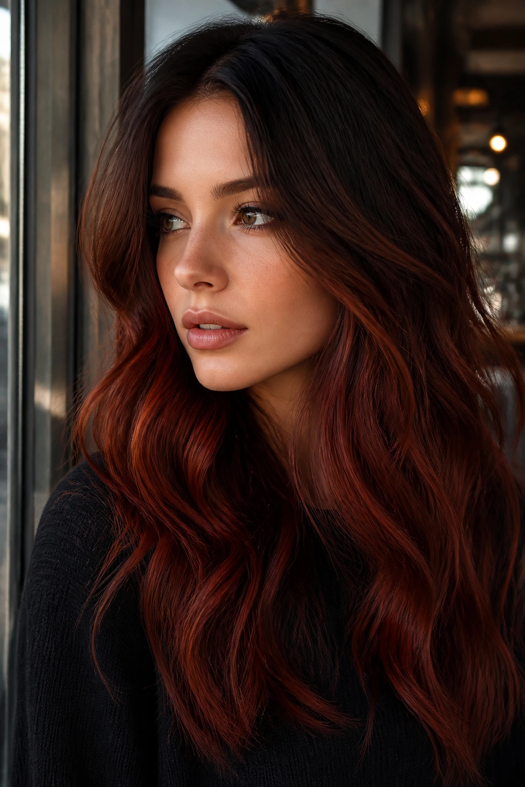 Close-up of real person with espresso to auburn ombré hair near cafe window