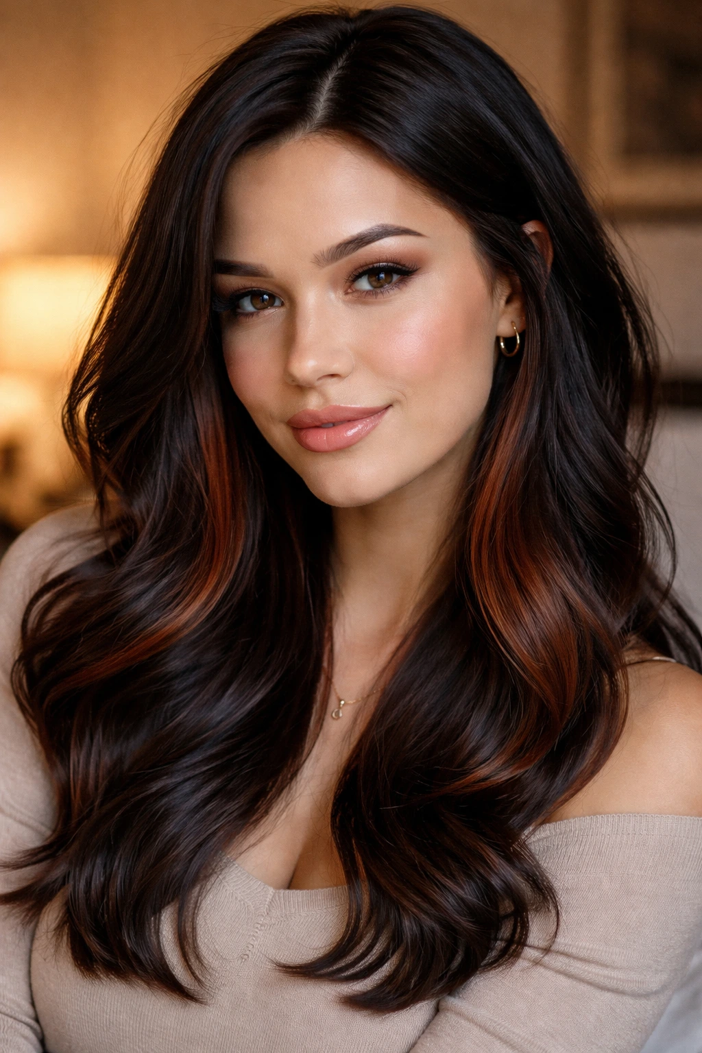 Close-up of a real woman with auburn panels in dark espresso hair around ears and jaw