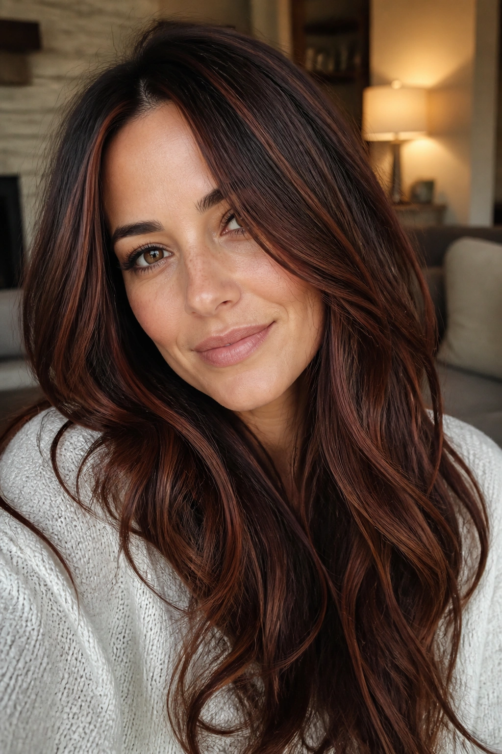 Close-up portrait of a real woman with espresso auburn ribbons in the hair.