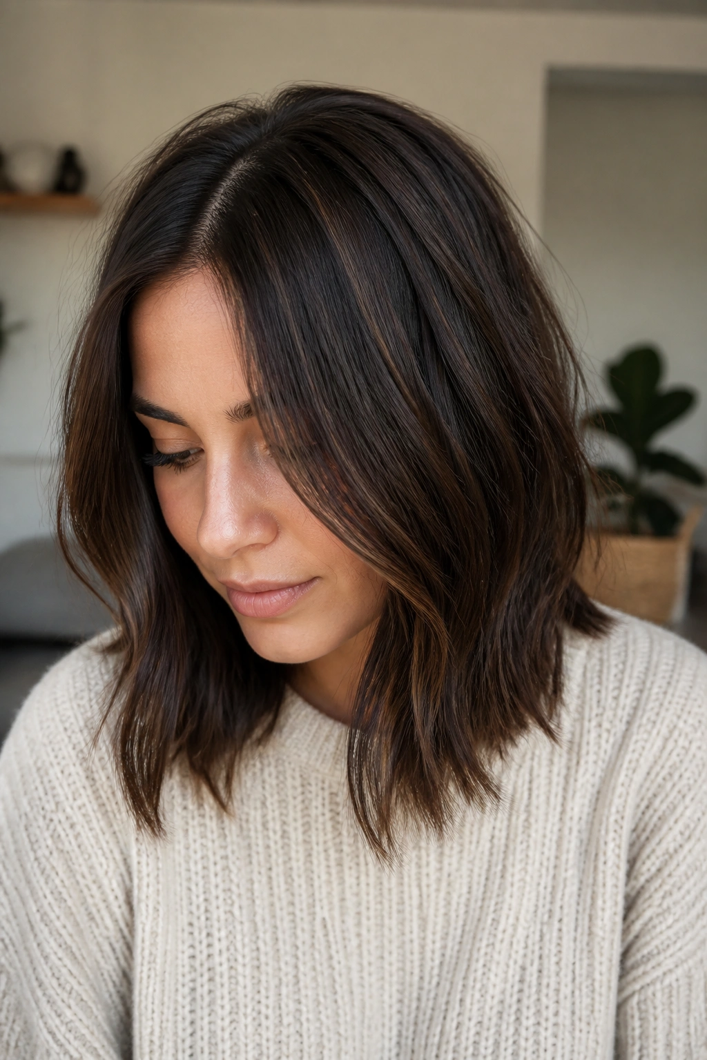 Close-up portrait of a real woman with subtle espresso babylights around the part line.