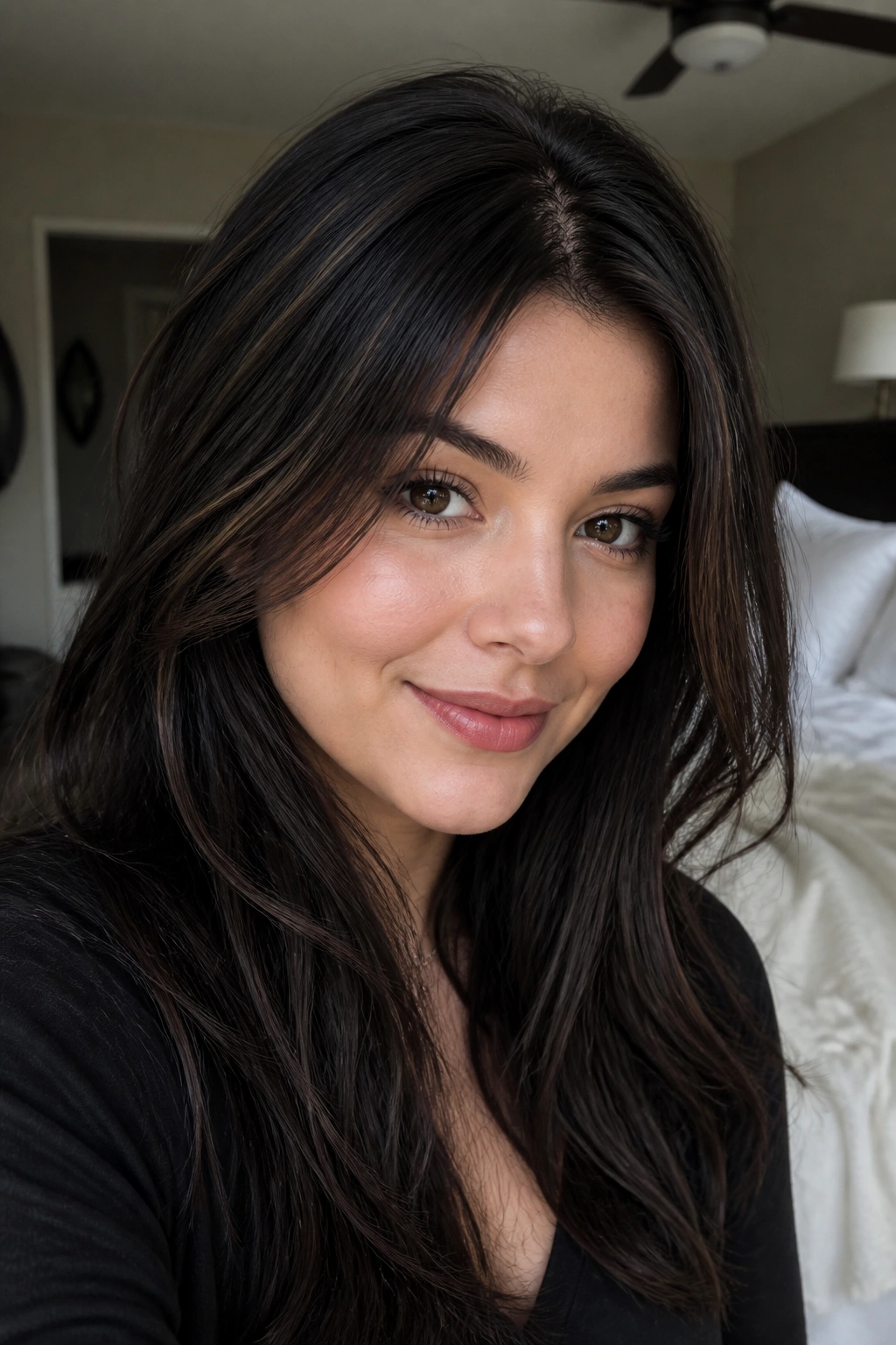 Close-up portrait of a real woman with fine espresso-brown babylights framing the face