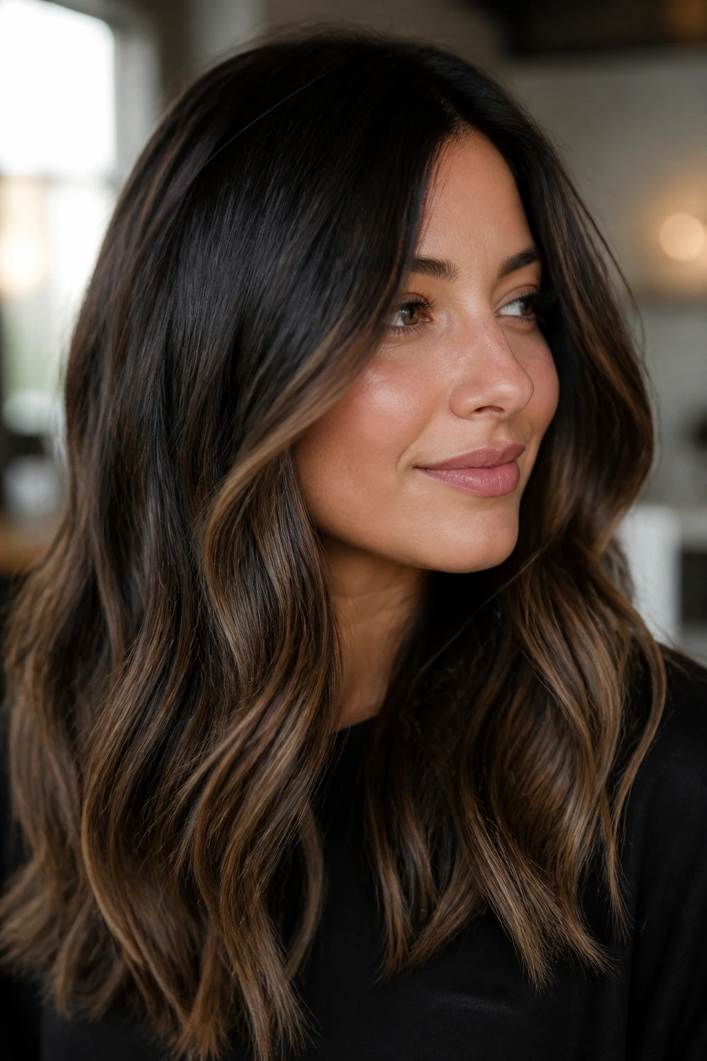 Close-up of a real woman with espresso balayage and caramel ribbons under the cheekbones