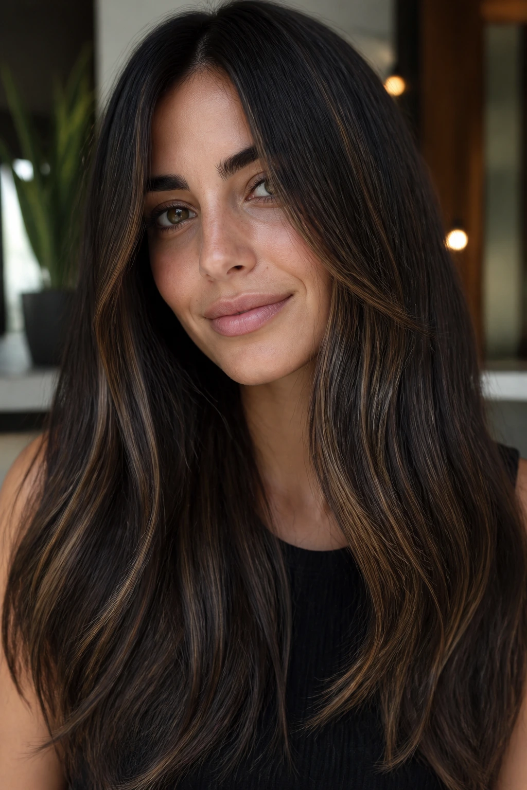 Close-up of a real woman with espresso hair and caramel thread balayage around the face.