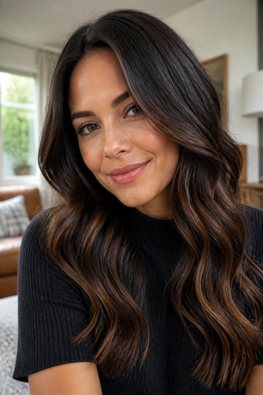 Close-up portrait of a real woman with espresso-brown hair and cinnamon balayage woven through waves.