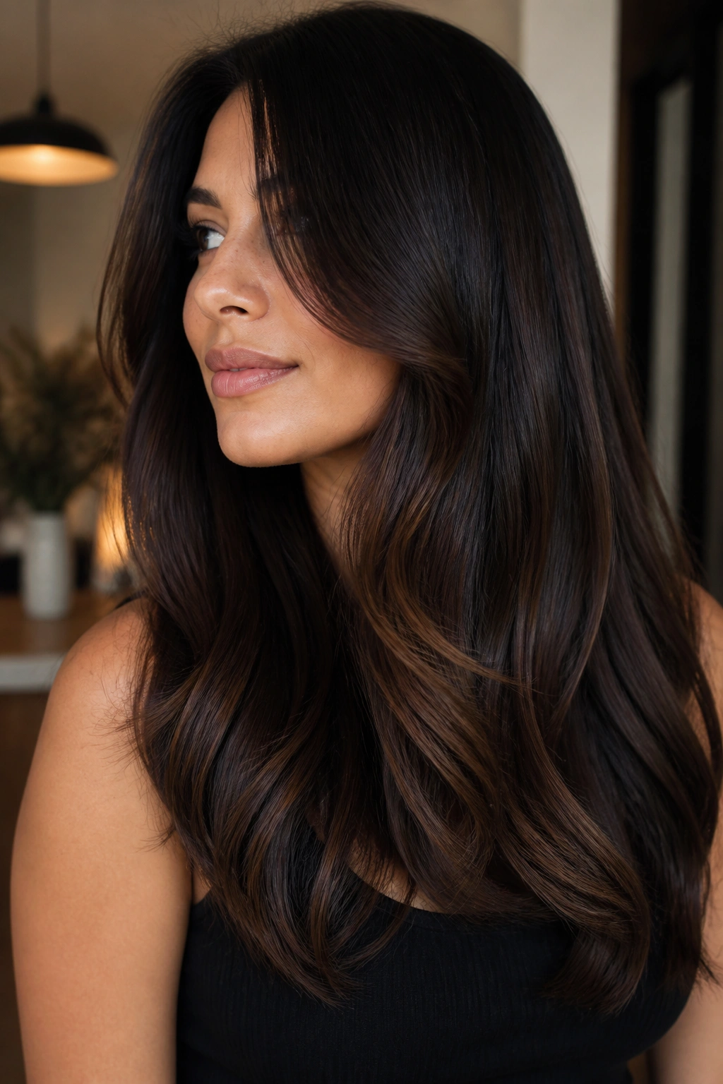 Portrait of a woman with espresso balayage and soft ends