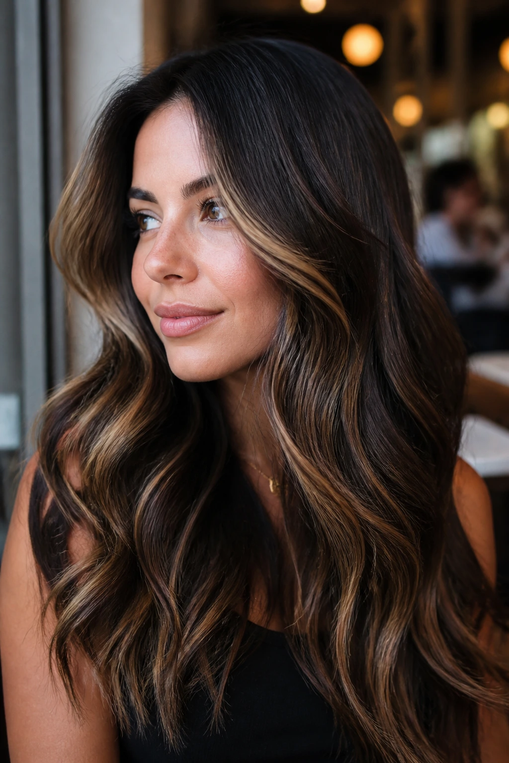 Close-up portrait of a real woman with high-contrast espresso balayage, deep roots and caramel highlights.