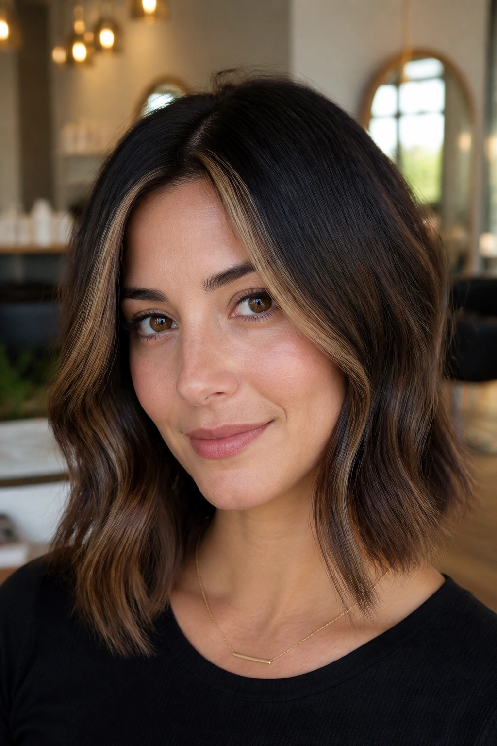 Close-up portrait of a woman with espresso balayage and a slim money piece framing the face