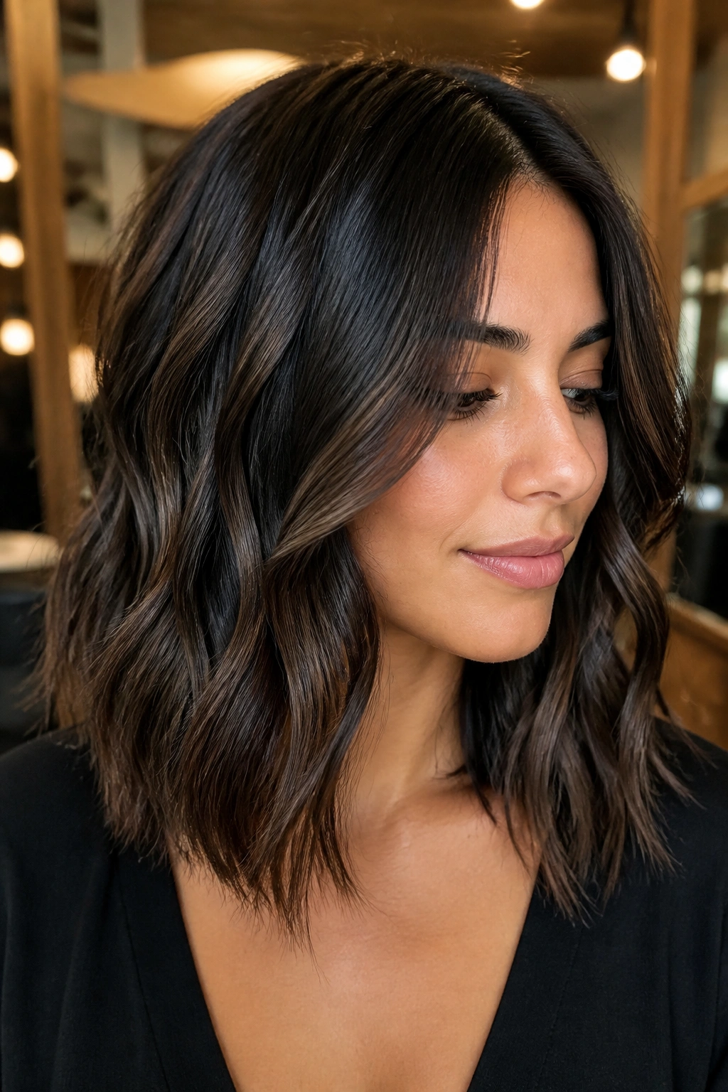 Close-up of brunette with espresso balayage ribbons on wavy shoulder-length hair in a salon.