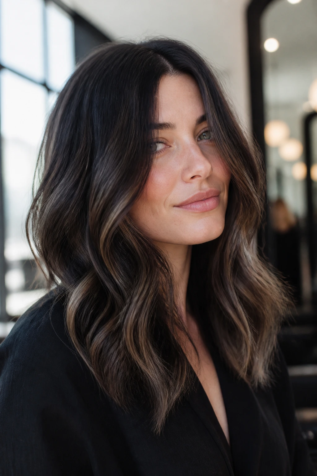 Close-up portrait of a real woman with espresso brown hair and smoky ash balayage