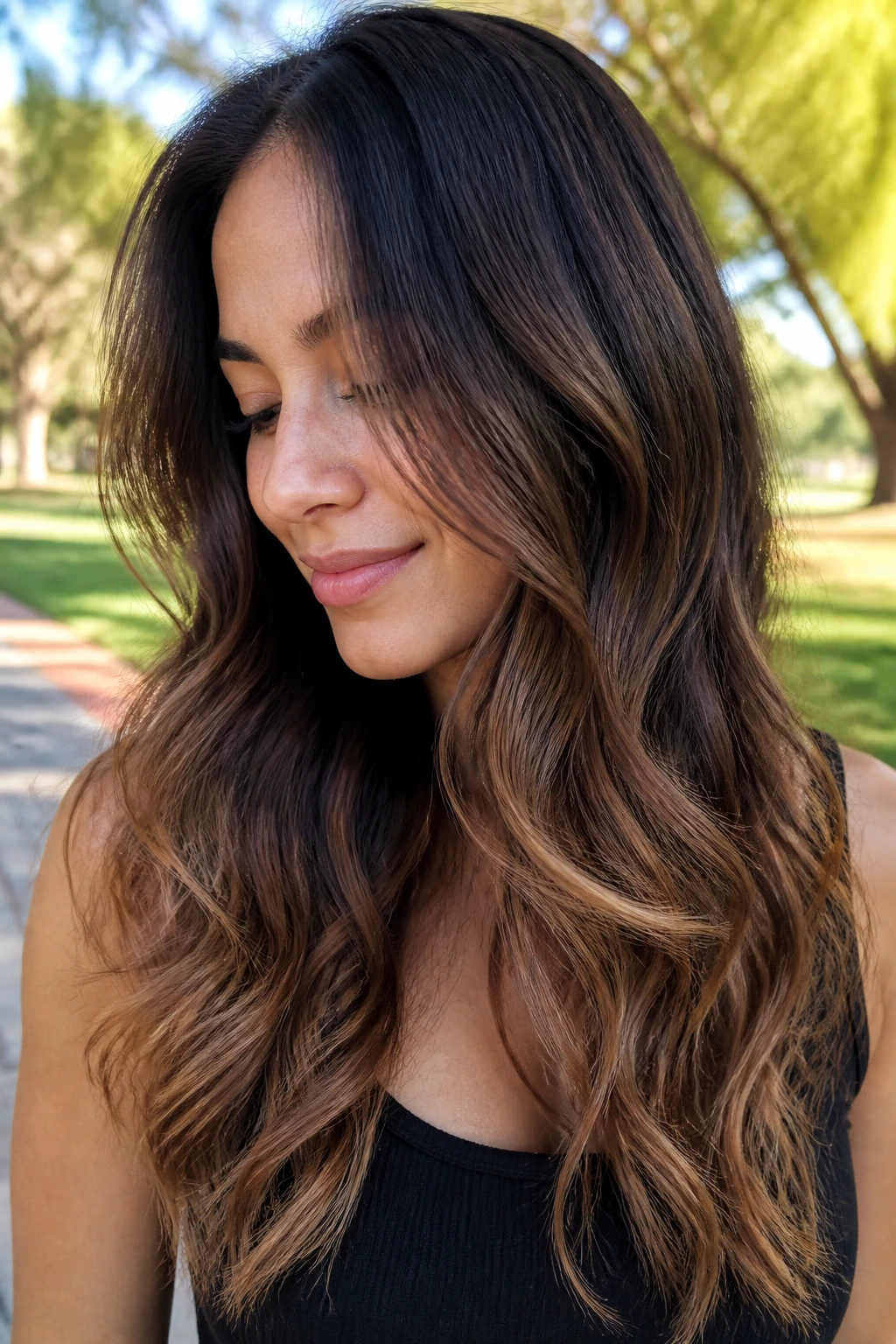 Close-up of espresso-rooted hair with toffee ends on a real woman with a round face