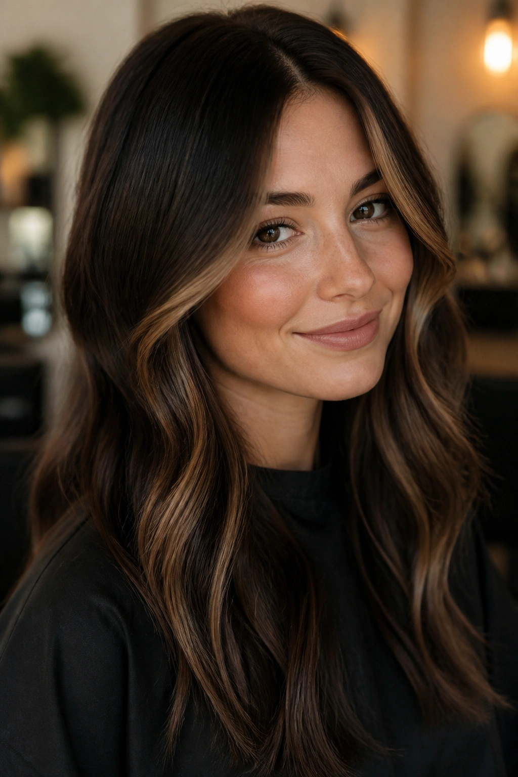 Brunette with espresso base and beige caramel accents framing the face