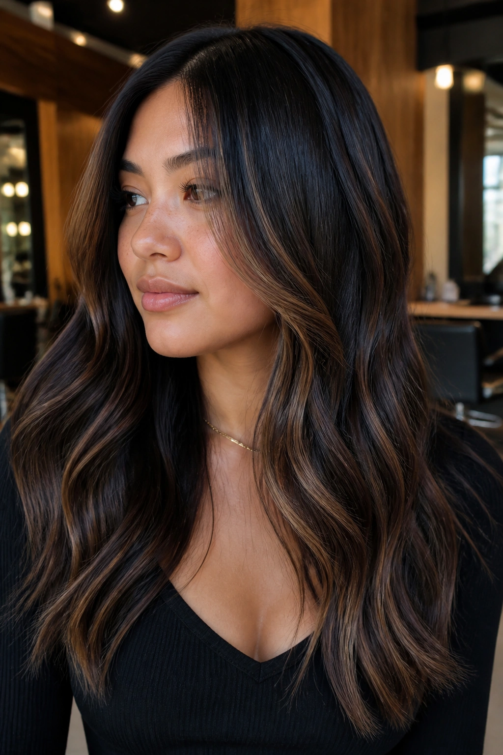 Close-up of real person with espresso base hair and butterscotch veils at the front