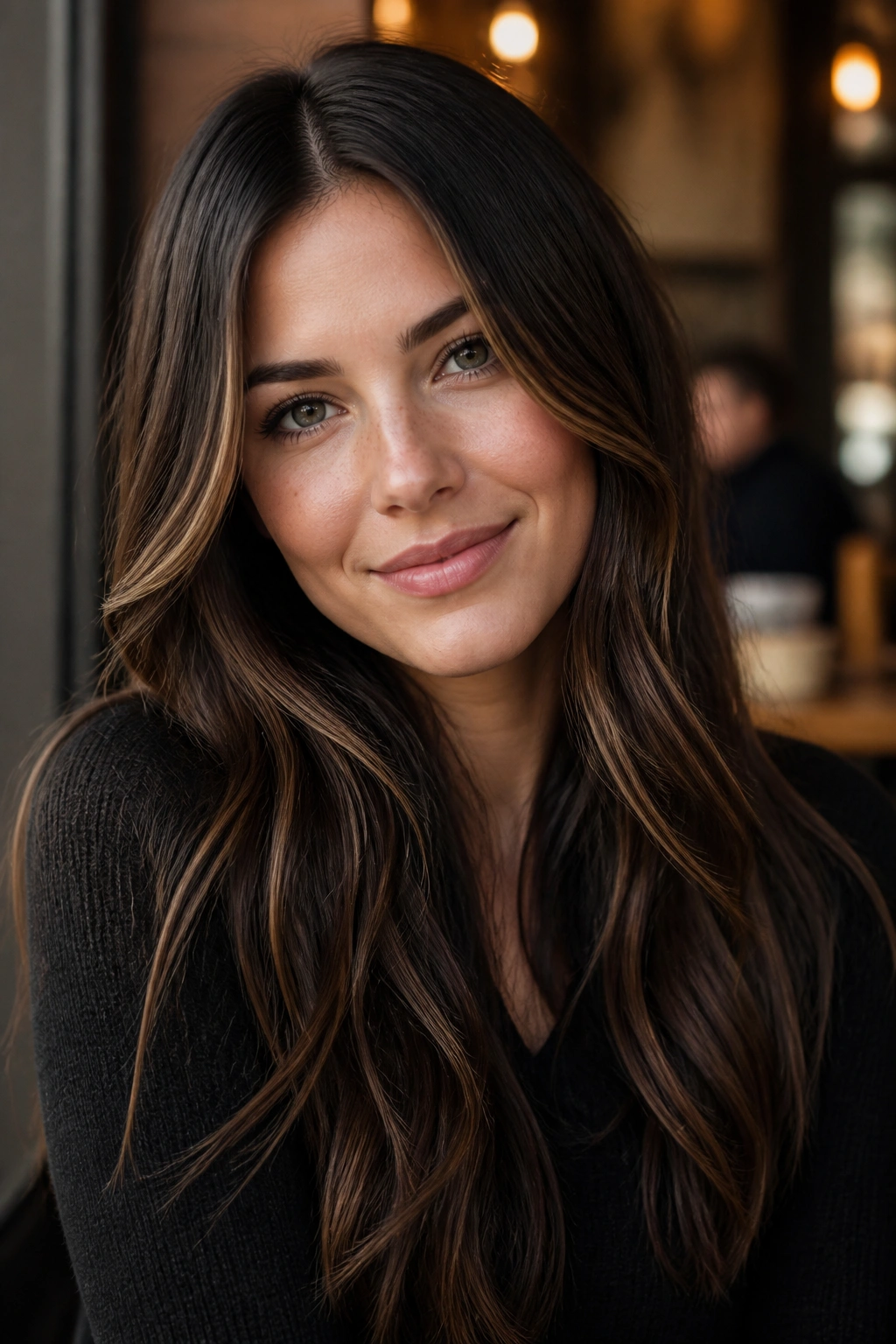 Woman with deep espresso base hair and thin caramel babylights