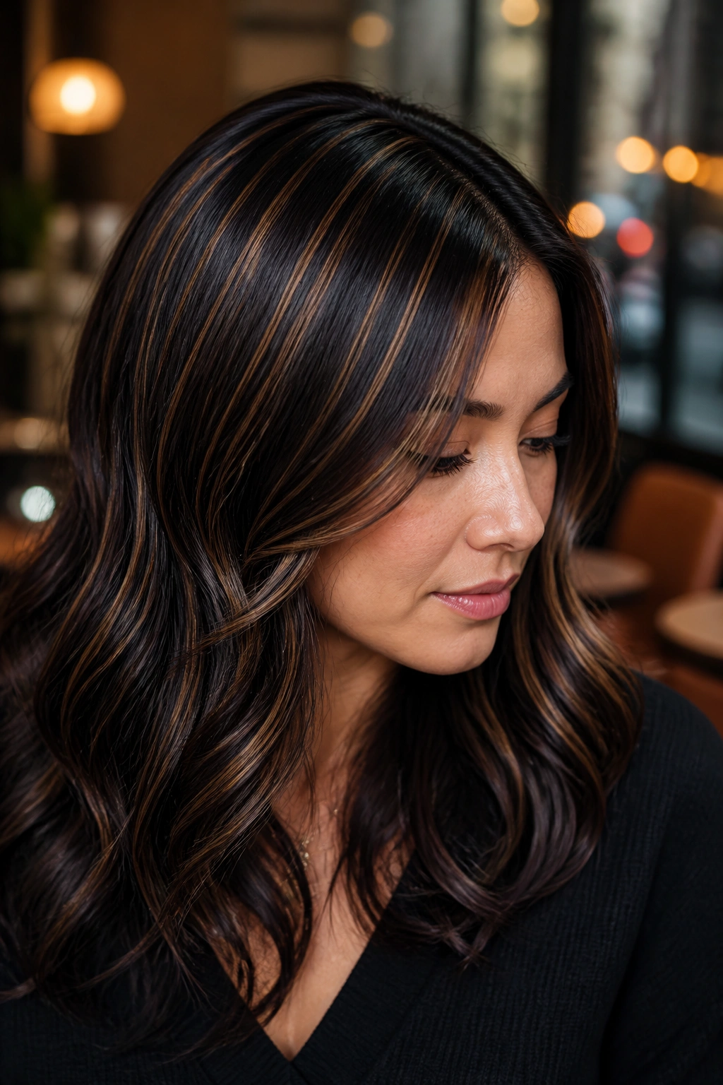 Portrait of a person with glossy espresso base hair and fine caramel lattice highlights