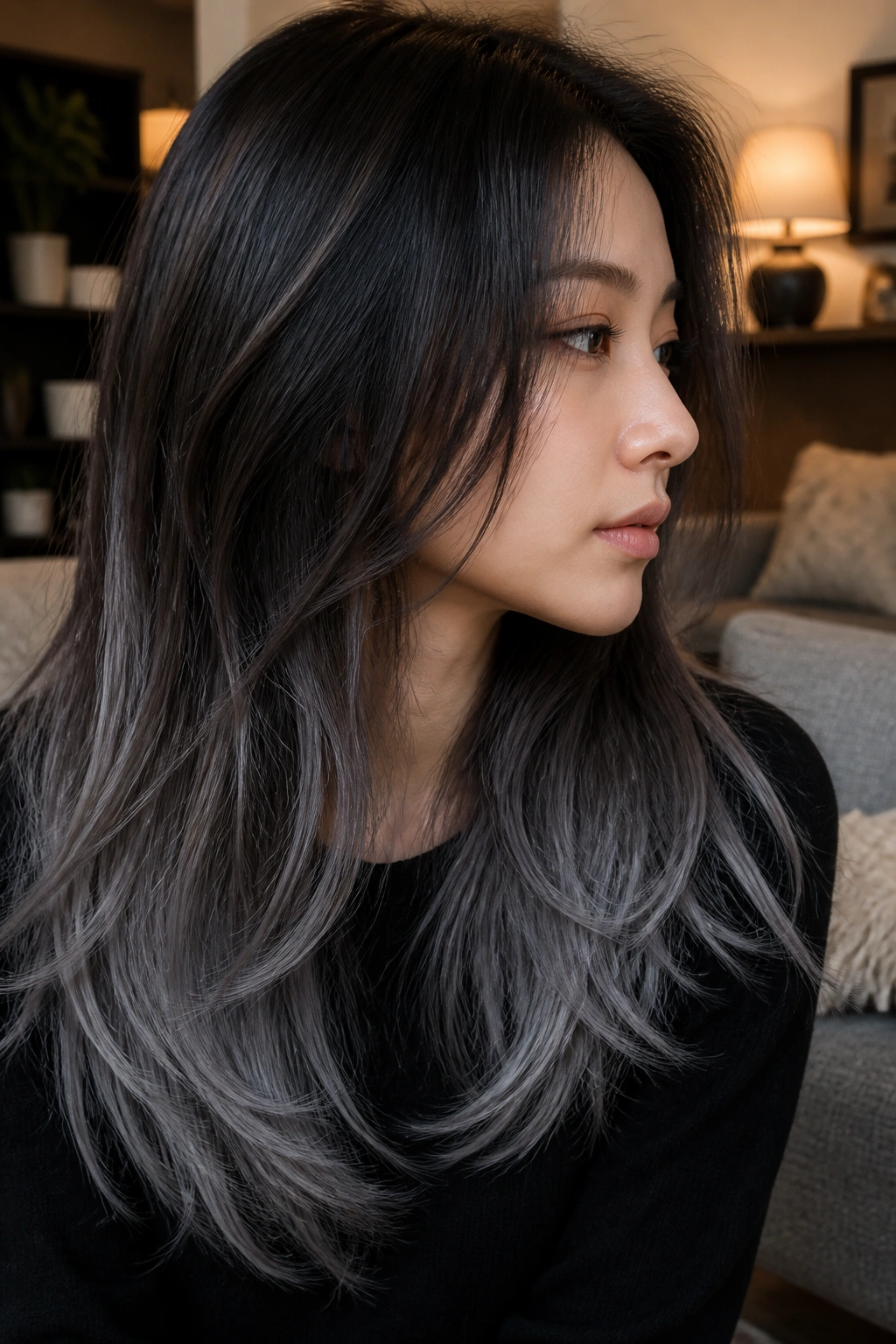 Long layered hair with espresso base and steel-gray ends