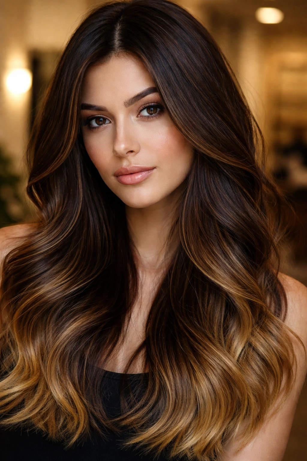 Close-up of hair showing espresso base with honey ends