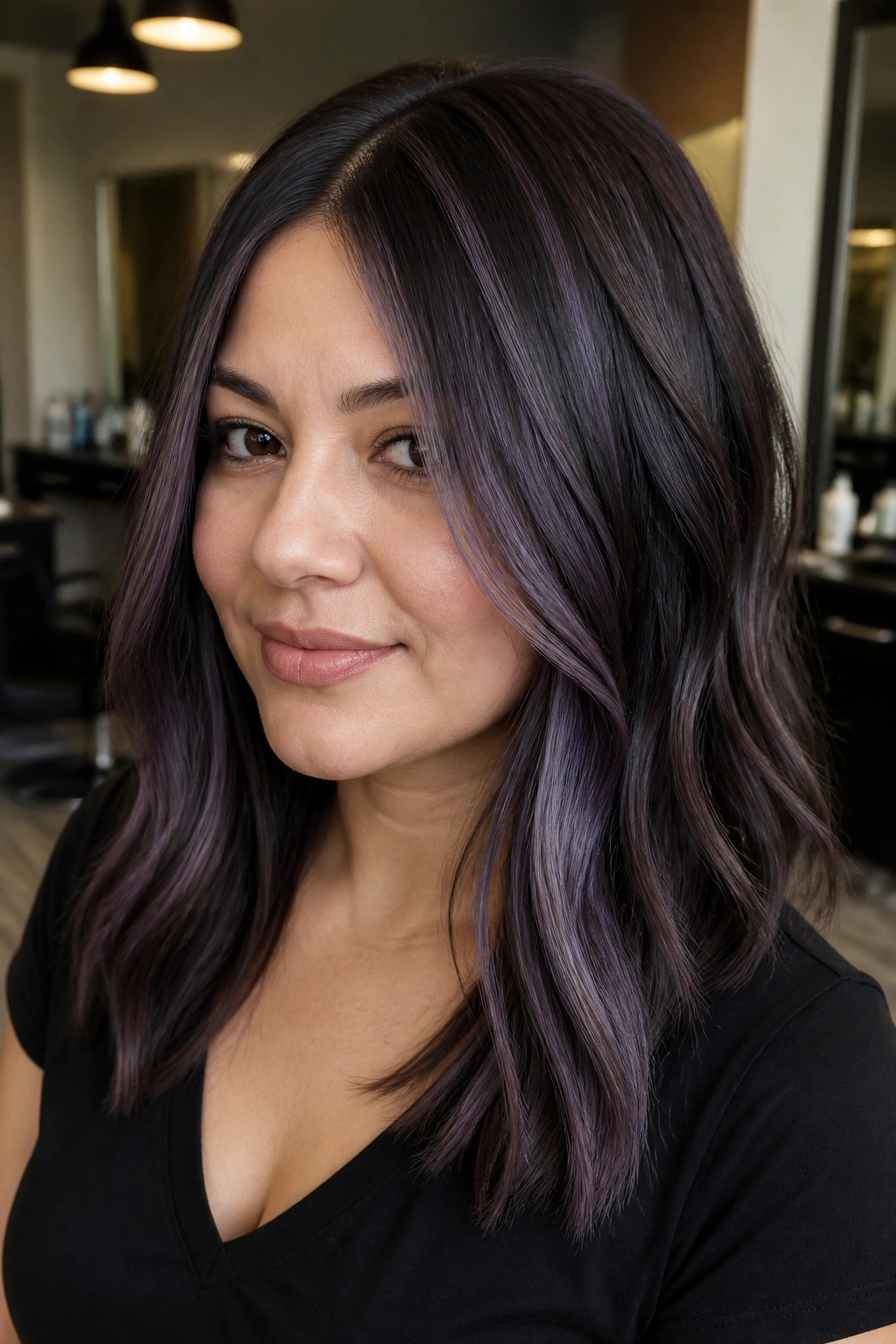 Close-up of a real person with espresso base hair and lavender ribbons.