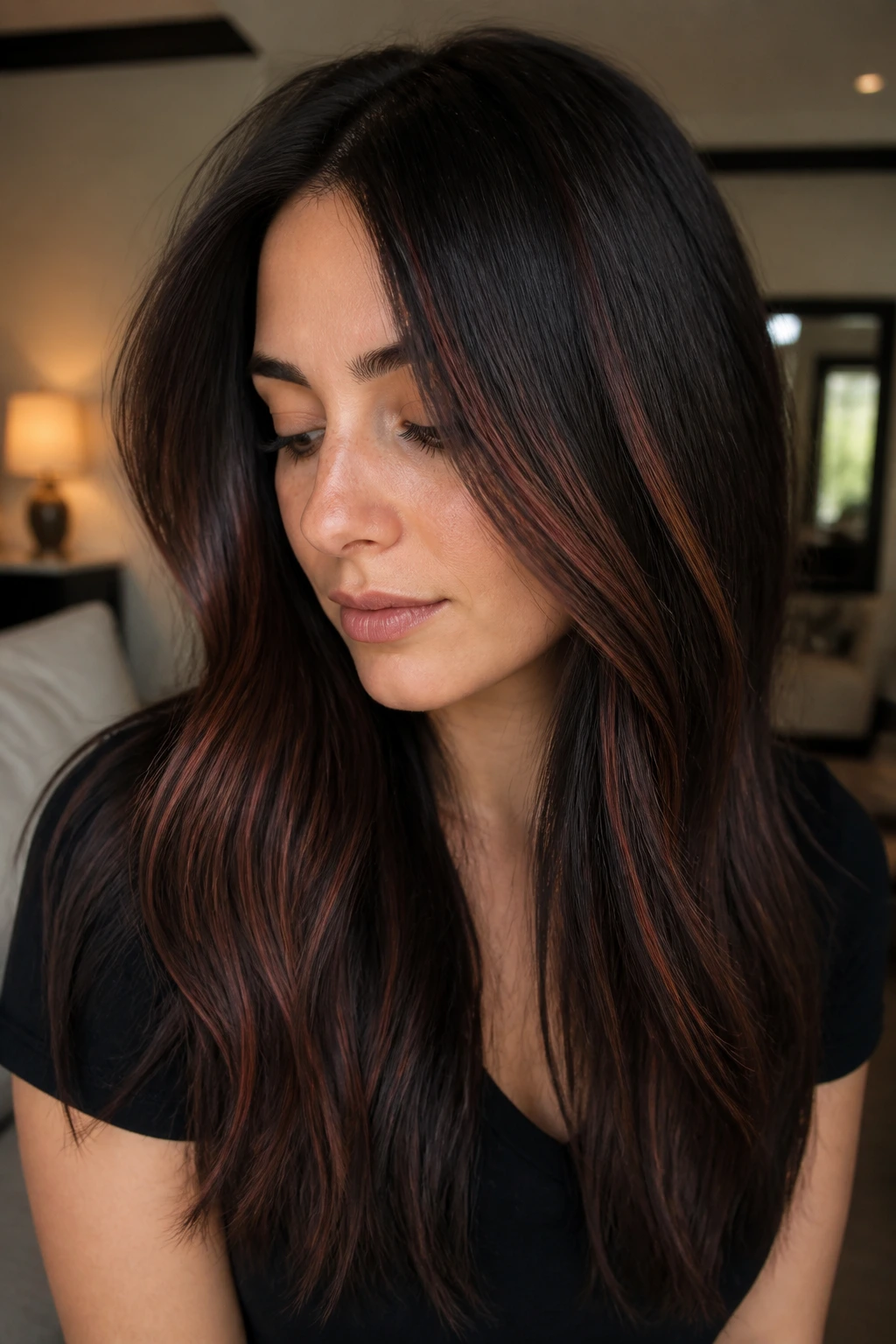 Close-up portrait showing espresso base with red-brown midshaft bands on hair