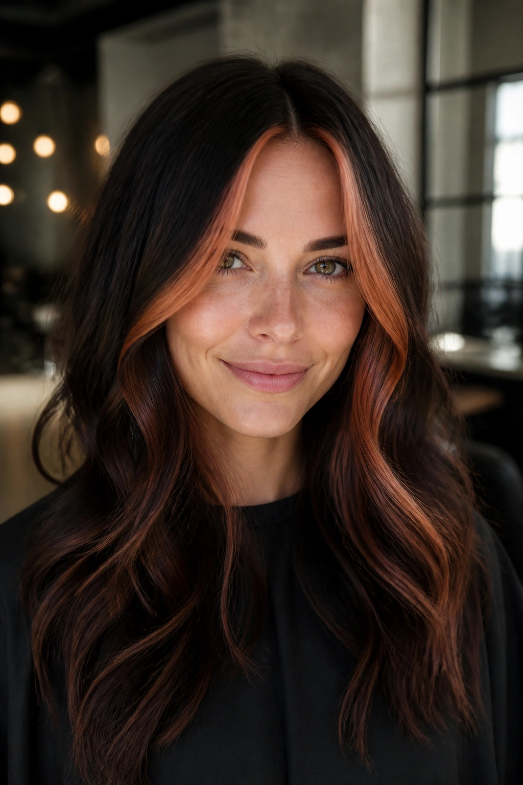 Close-up of espresso base hair with strawberry money piece framing the face