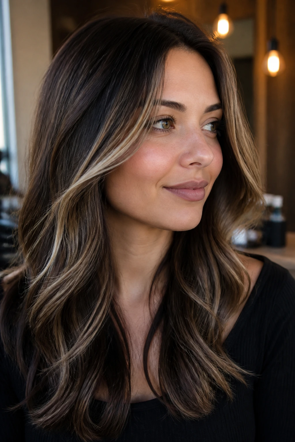Close-up portrait of a real woman with espresso base hair and thin wheat blonde veils around the face