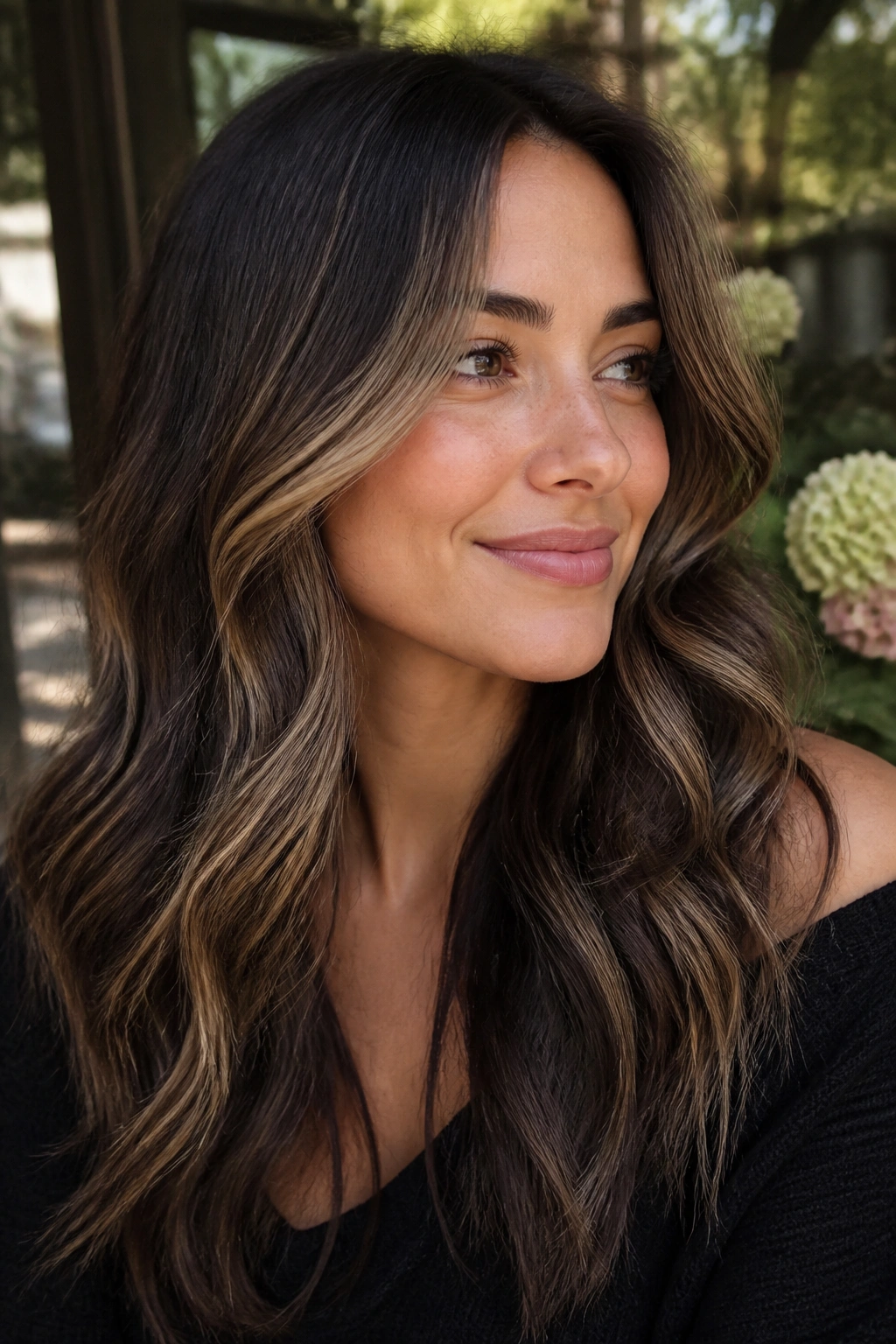 Close-up of a real woman with espresso beige slices in deep brown hair
